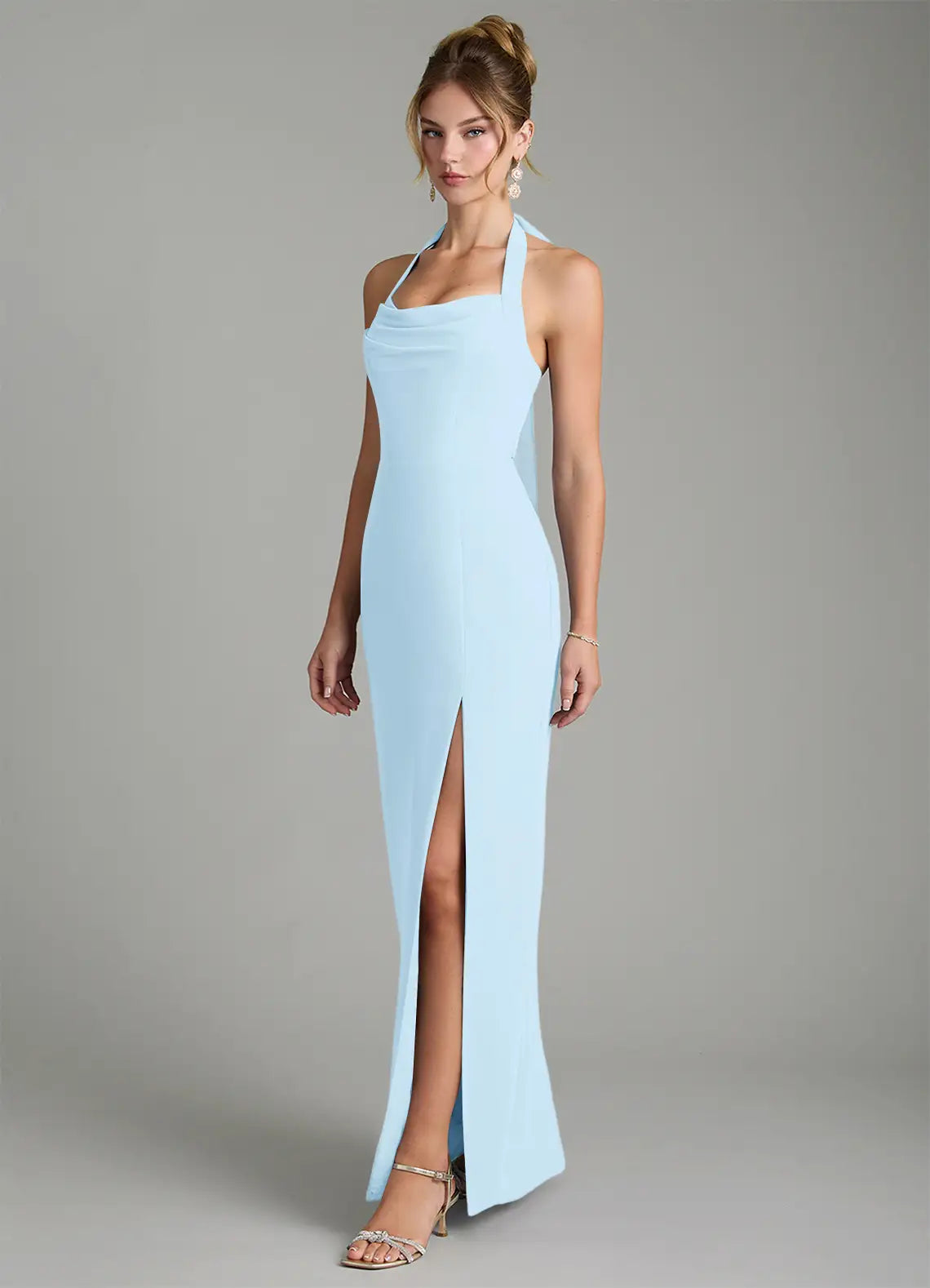 Sky Blue Halter Cowl Tie Back High Slit Mermaid Crepe Maxi Bridesmaid Dress