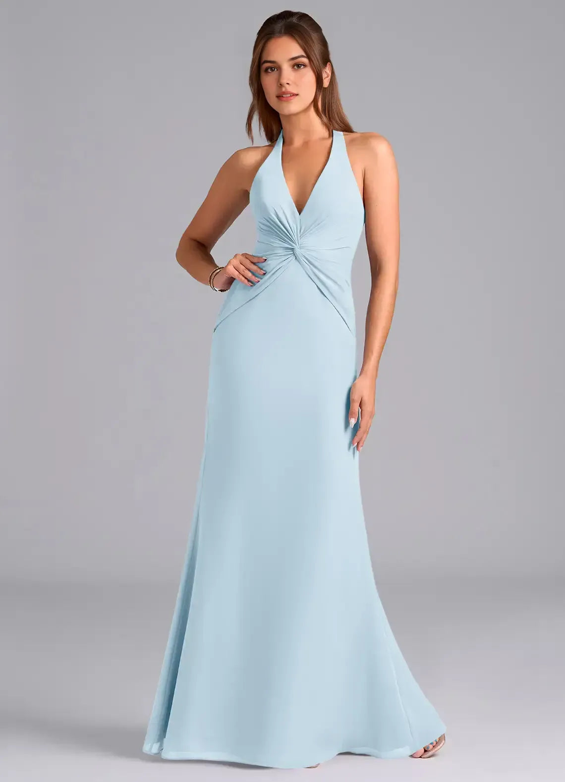 Sky Blue Halter Deep V Twist Knot Floor Length Mermaid Chiffon Bridesmaid Dress