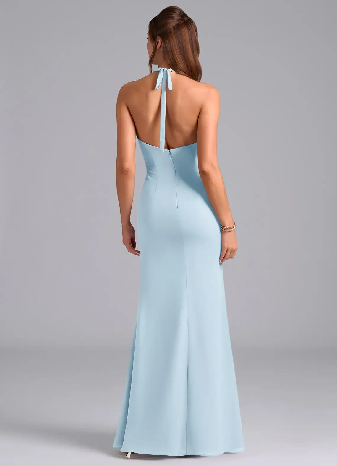 Sky Blue Halter Deep V Twist Knot Floor Length Mermaid Chiffon Bridesmaid Dress