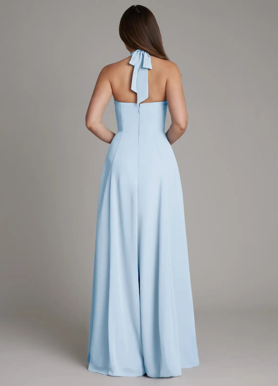 Sky Blue Halter Tie Square Neck Full A-Line Maxi Chiffon Bridesmaid Dress