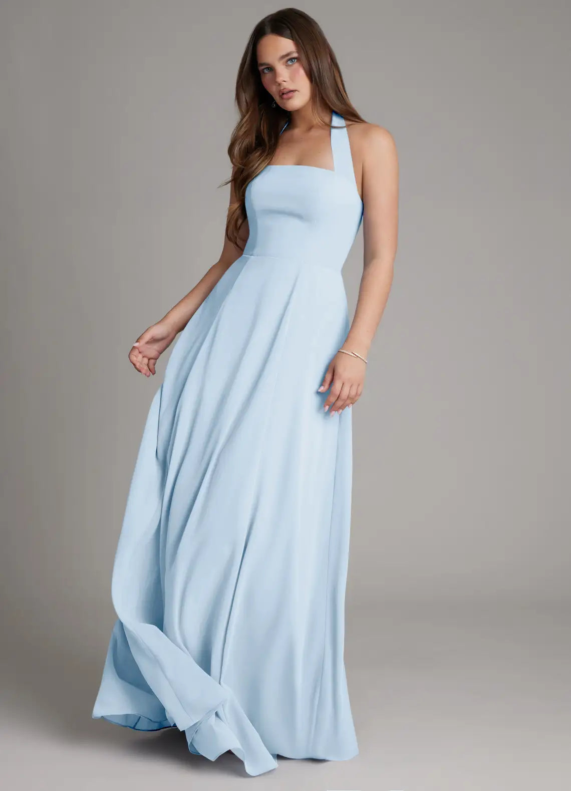 Sky Blue Halter Tie Square Neck Full A-Line Maxi Chiffon Bridesmaid Dress