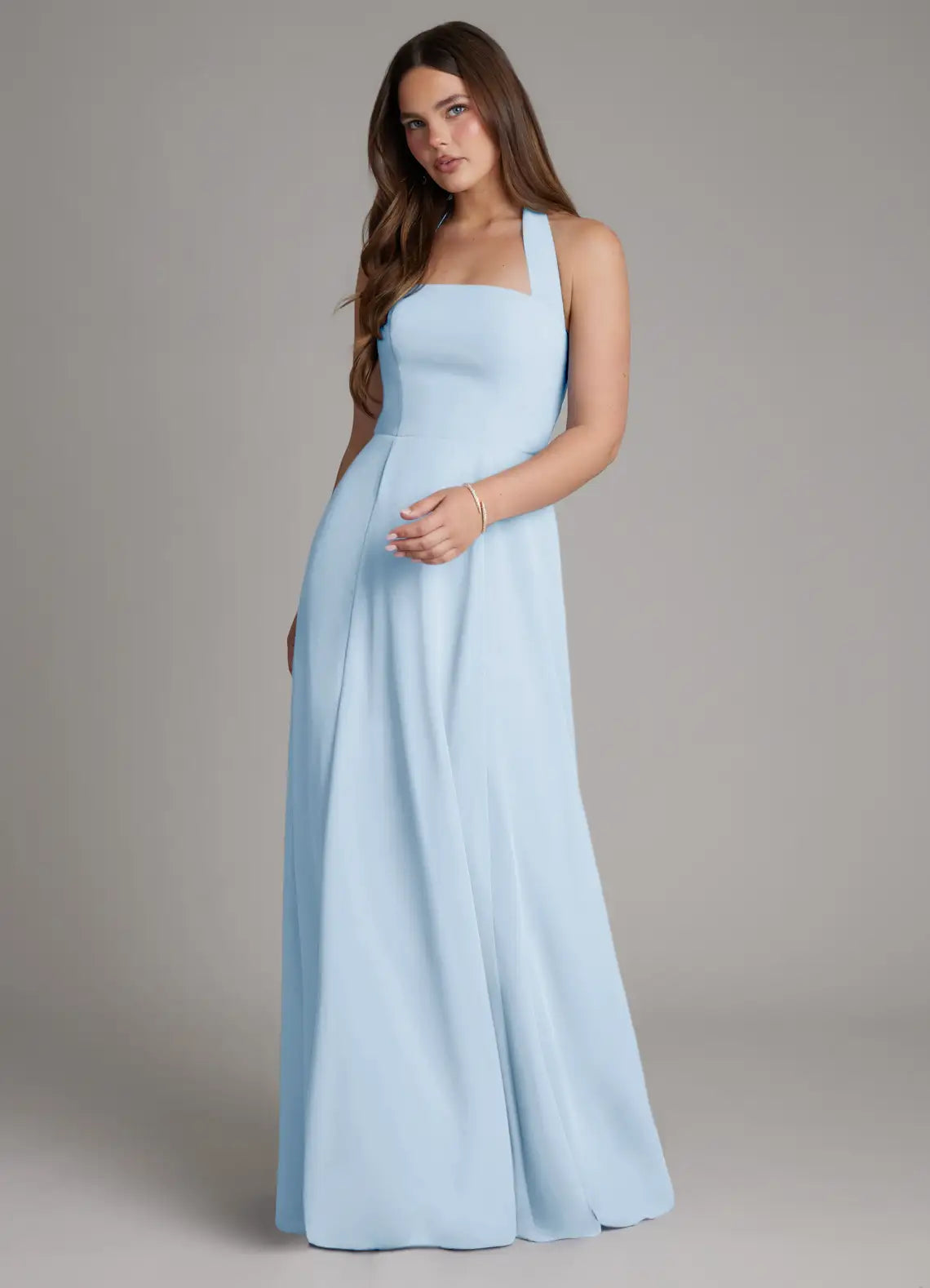 Sky Blue Halter Tie Square Neck Full A-Line Maxi Chiffon Bridesmaid Dress