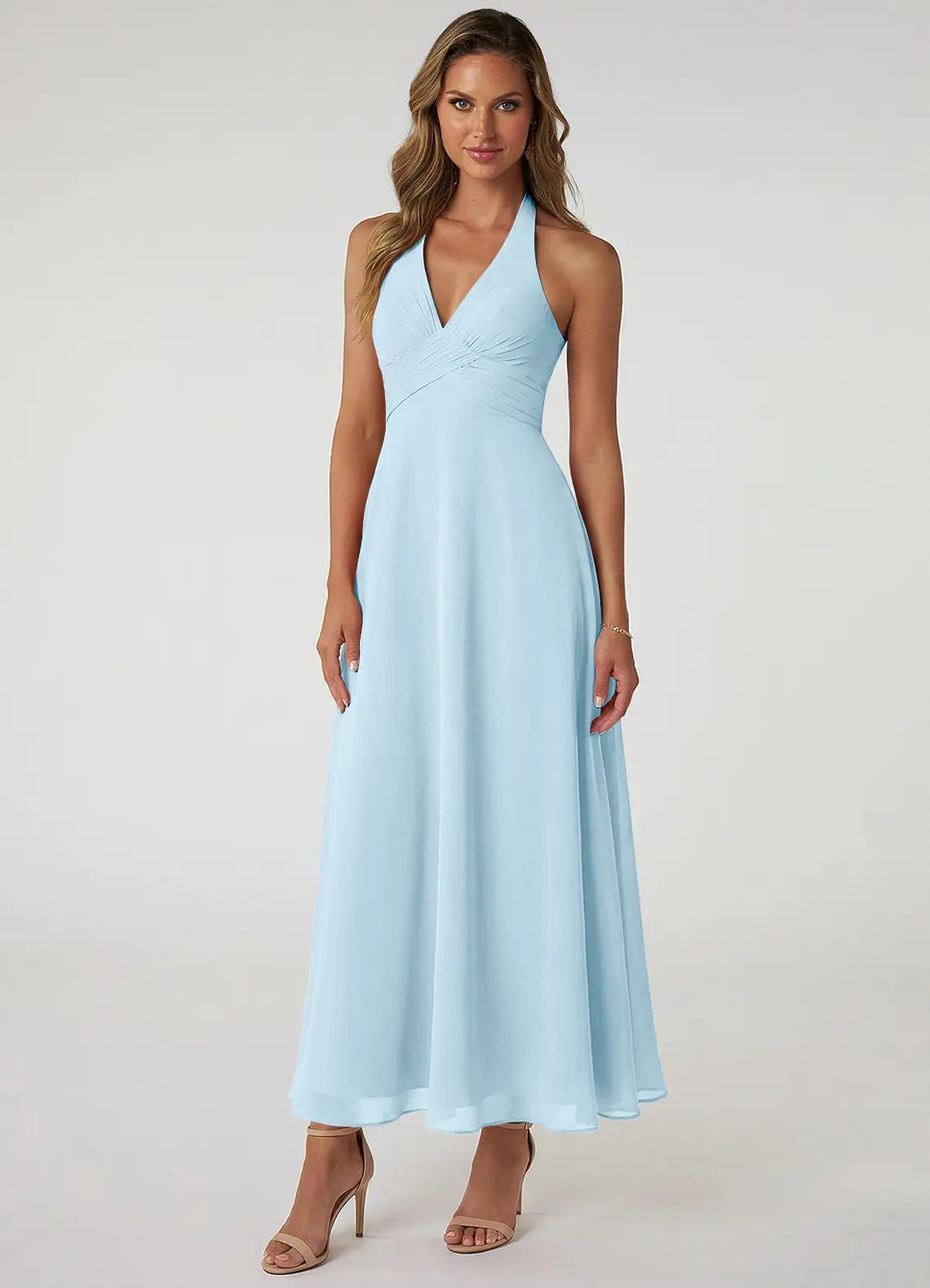 Sky Blue Halter V Neck Cross Ruched Open Back A Line Maxi Chiffon Bridesmaid Dress