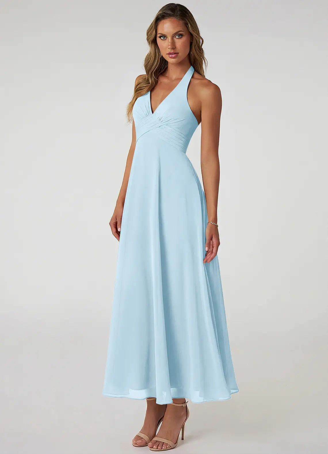Sky Blue Halter V Neck Cross Ruched Open Back A Line Maxi Chiffon Bridesmaid Dress