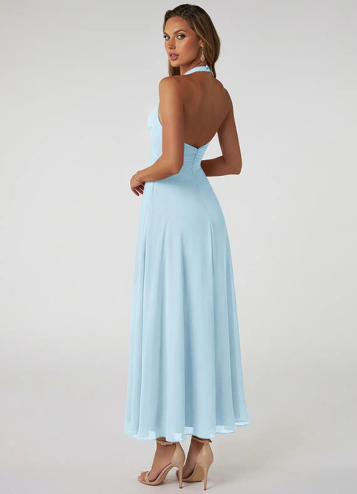 Sky Blue Halter V Neck Cross Ruched Open Back A Line Maxi Chiffon Bridesmaid Dress