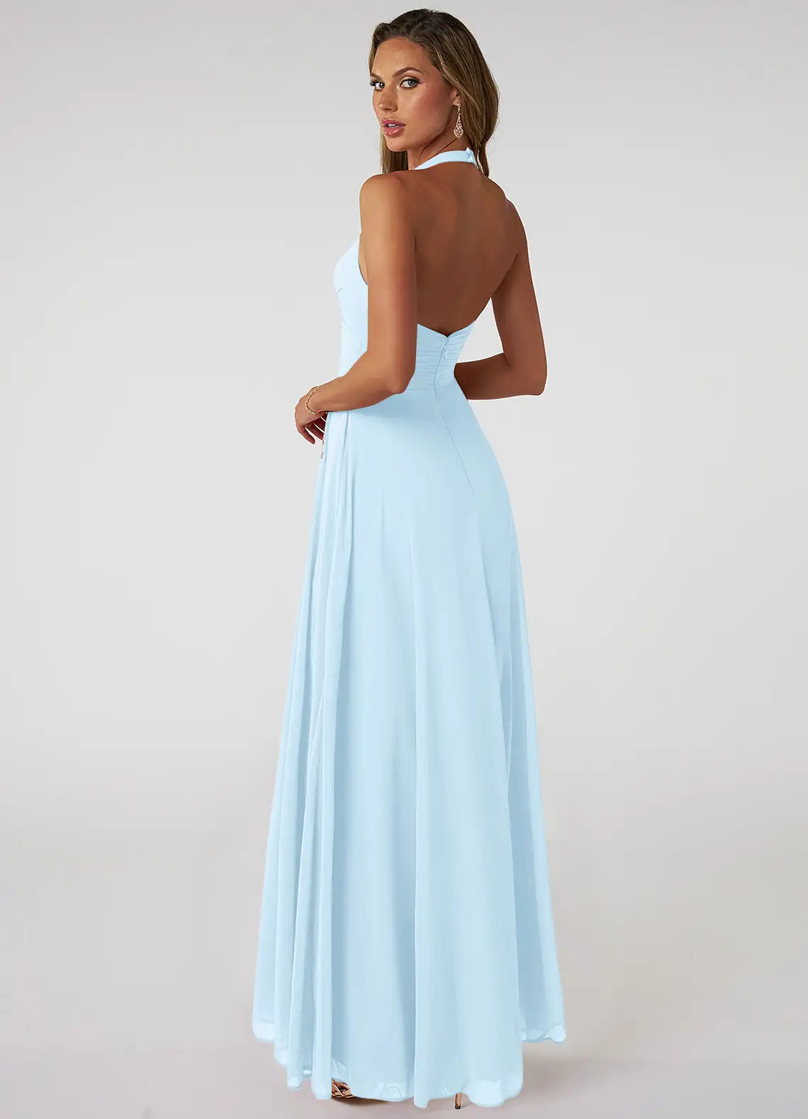 Sky Blue Halter V Neck Ruched Open Back Chiffon Maxi Bridesmaid Dress