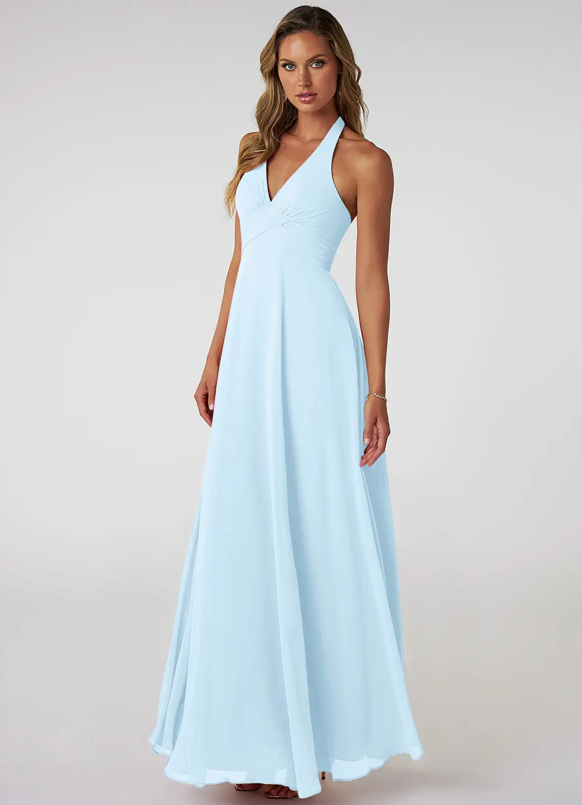 Sky Blue Halter V Neck Ruched Open Back Chiffon Maxi Bridesmaid Dress