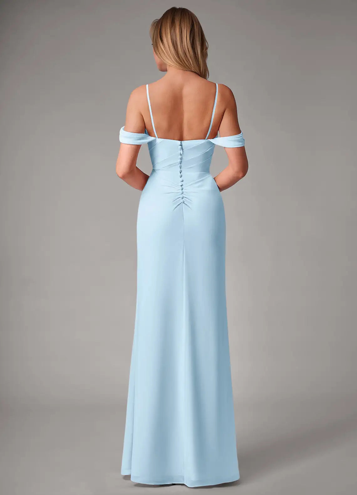 Sky Blue Off Shoulder Sweetheart Ruched High Slit Button Back Maxi Chiffon Bridesmaid Dress