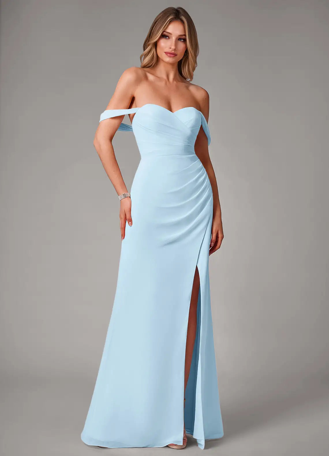 Sky Blue Off Shoulder Sweetheart Ruched High Slit Button Back Maxi Chiffon Bridesmaid Dress