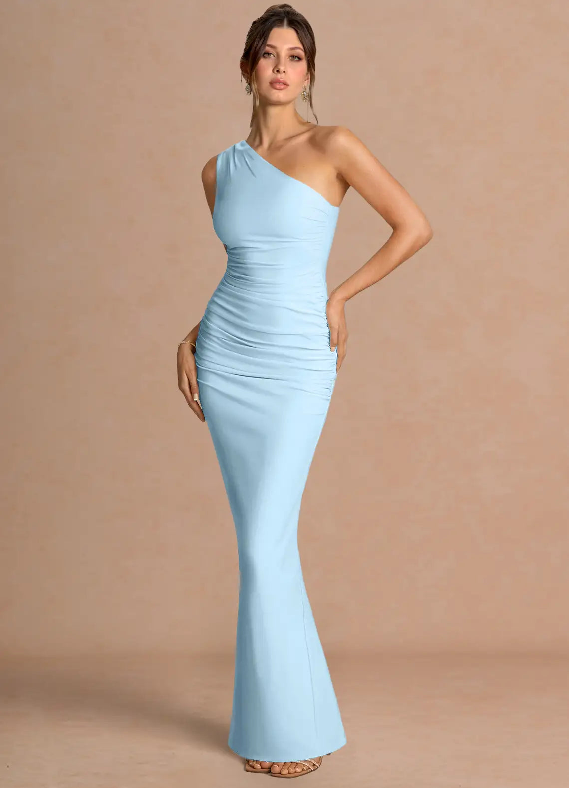 Sky Blue One Shoulder Ruched Side Slit Mermaid Maxi Wedding Guest Dress