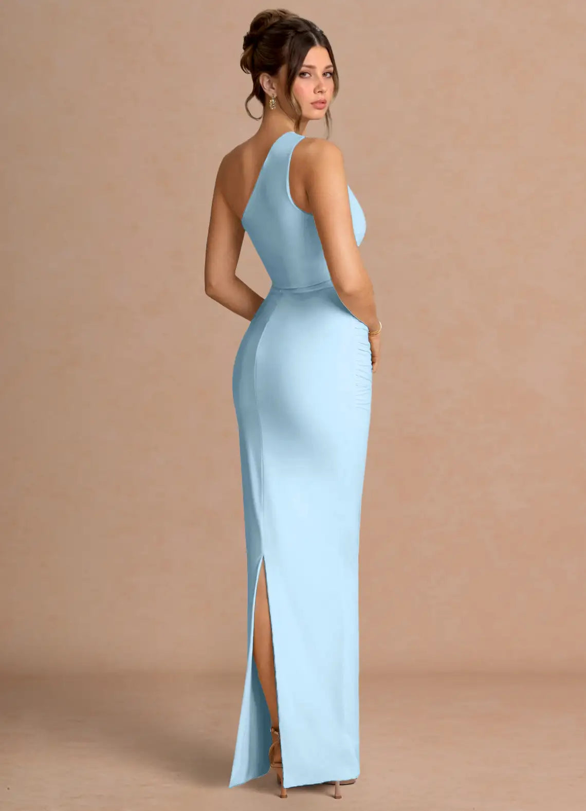 Sky Blue One Shoulder Ruched Side Slit Mermaid Maxi Wedding Guest Dress