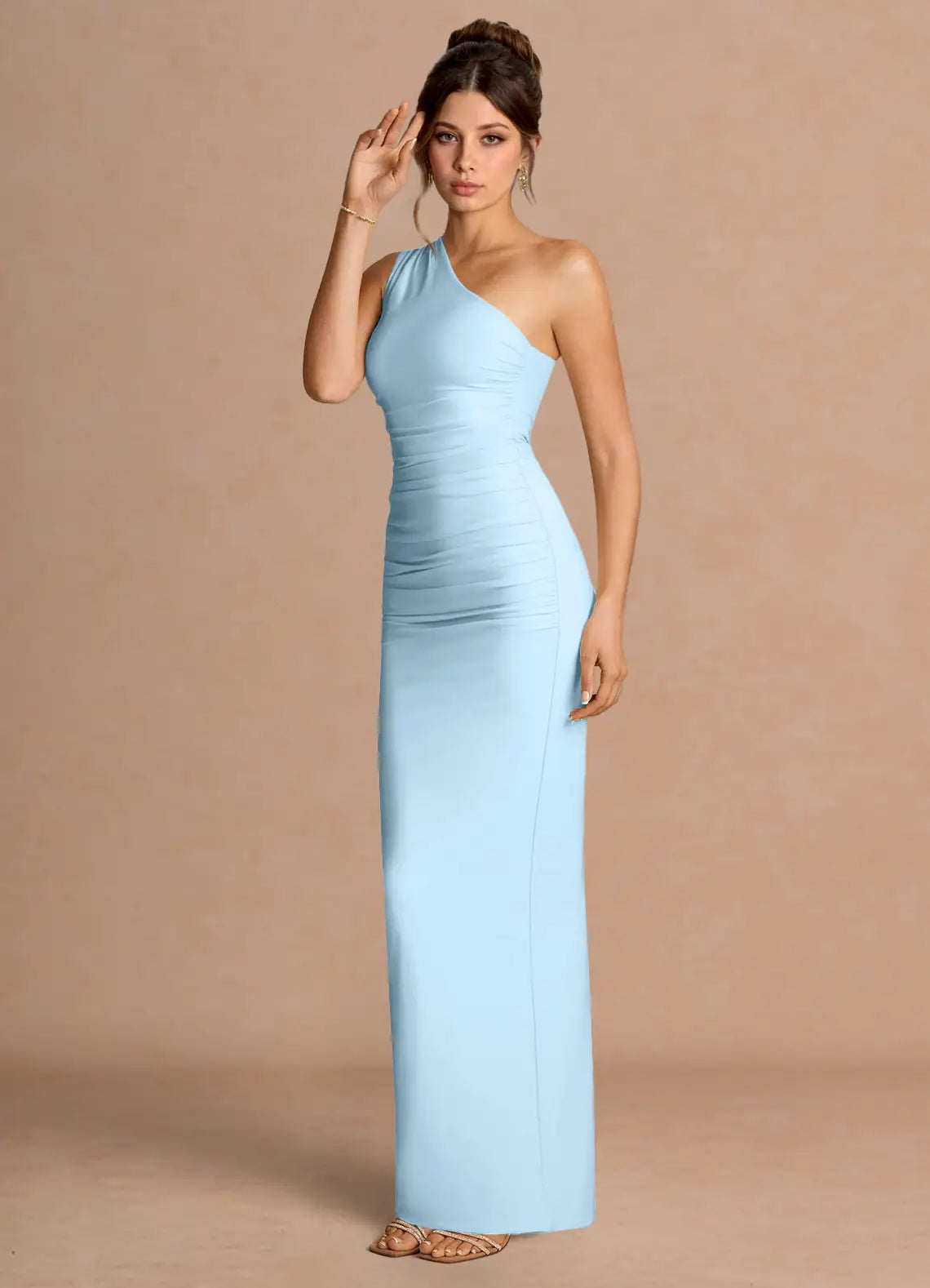 Sky Blue One Shoulder Ruched Side Slit Mermaid Maxi Wedding Guest Dress