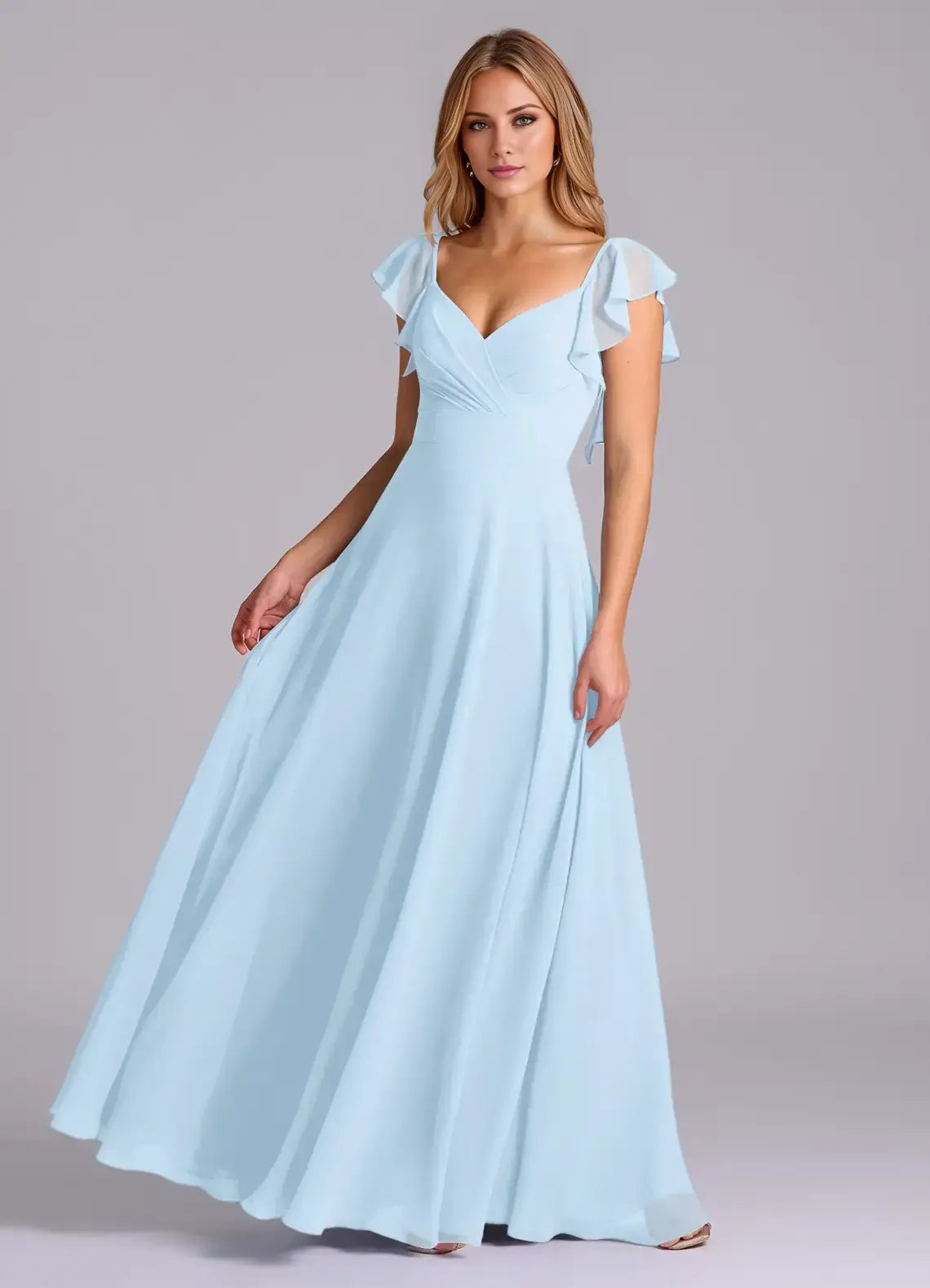 Sky Blue Ruffle Cap Sleeve Sweetheart Open Back Floor Length A Line Chiffon Bridesmaid Dress