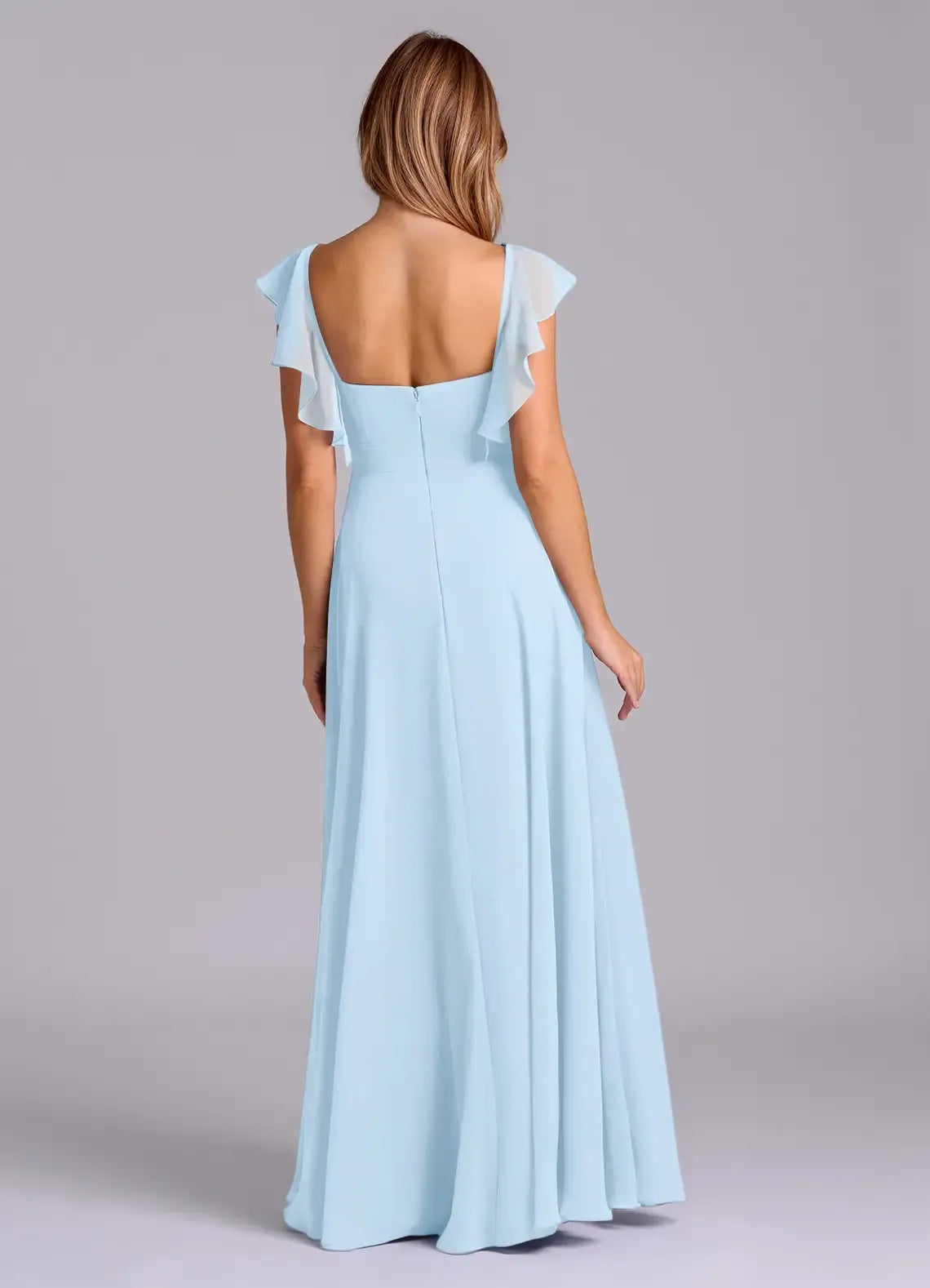 Sky Blue Ruffle Cap Sleeve Sweetheart Open Back Floor Length A Line Chiffon Bridesmaid Dress
