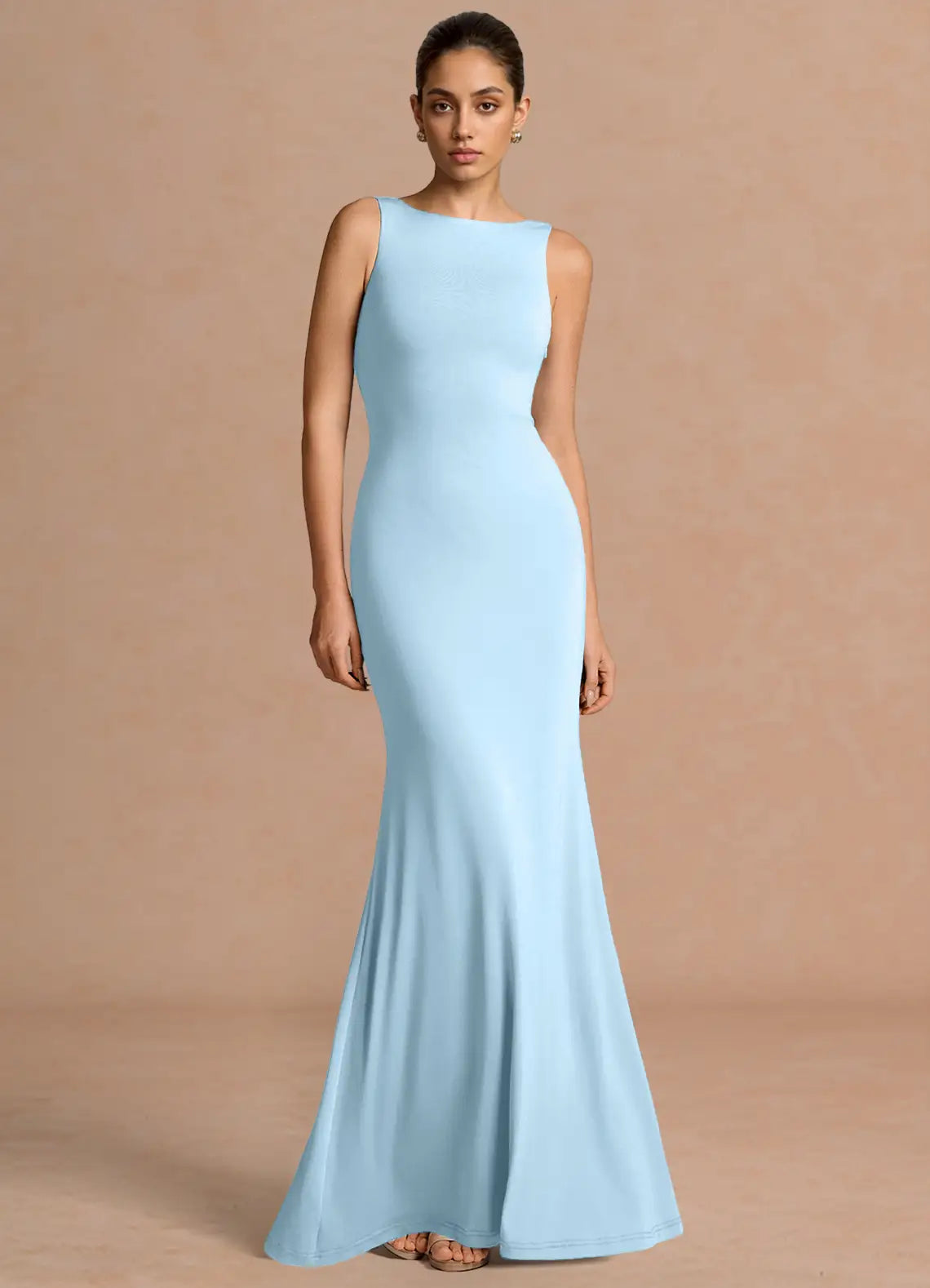 Sky Blue Sleeveless Boat Neck Twist Back Mermaid Maxi Bridesmaid Dress