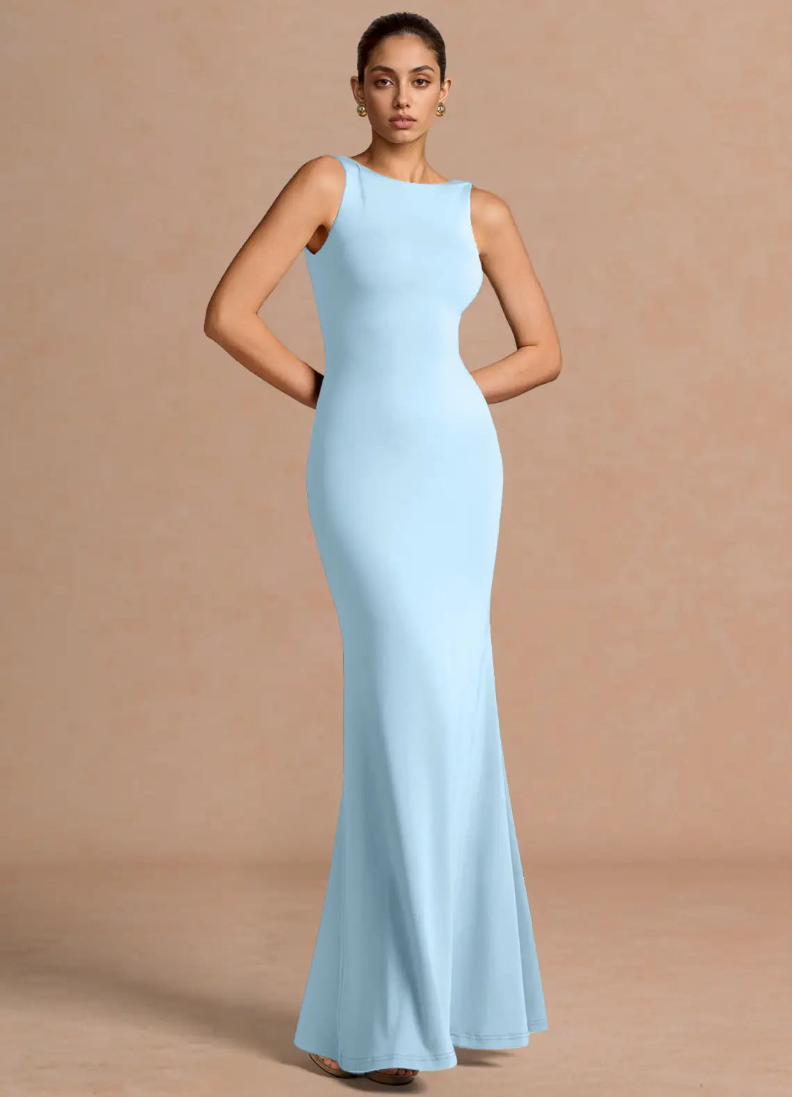Sky Blue Sleeveless Boat Neck Twist Back Mermaid Maxi Bridesmaid Dress