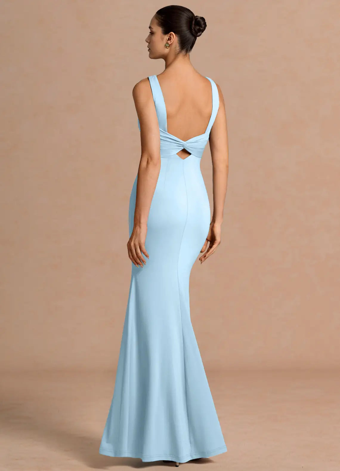 Sky Blue Sleeveless Boat Neck Twist Back Mermaid Maxi Bridesmaid Dress