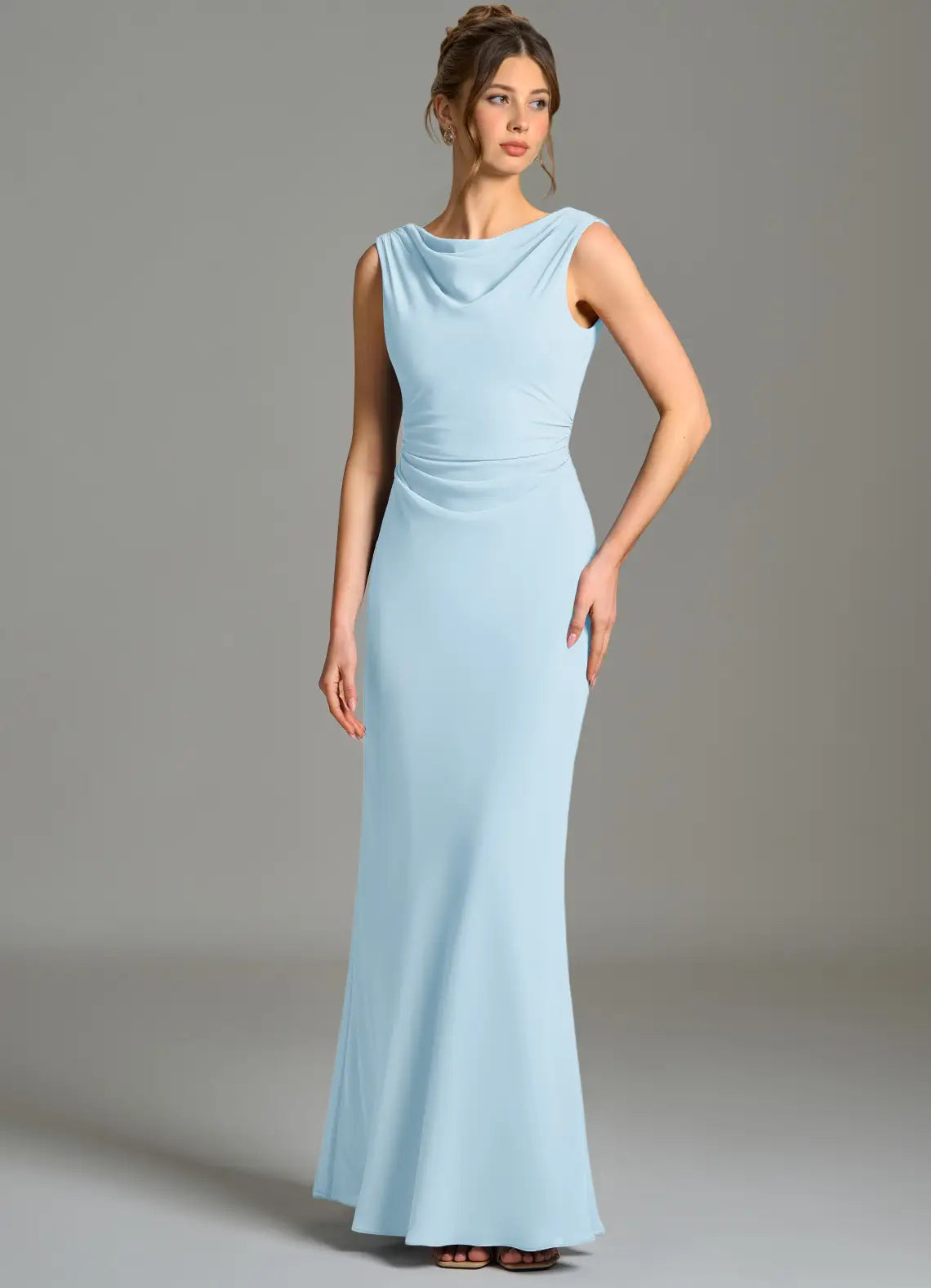 Sky Blue Sleeveless Cowl Ruched Mermaid Chiffon Maxi Bridesmaid Dress