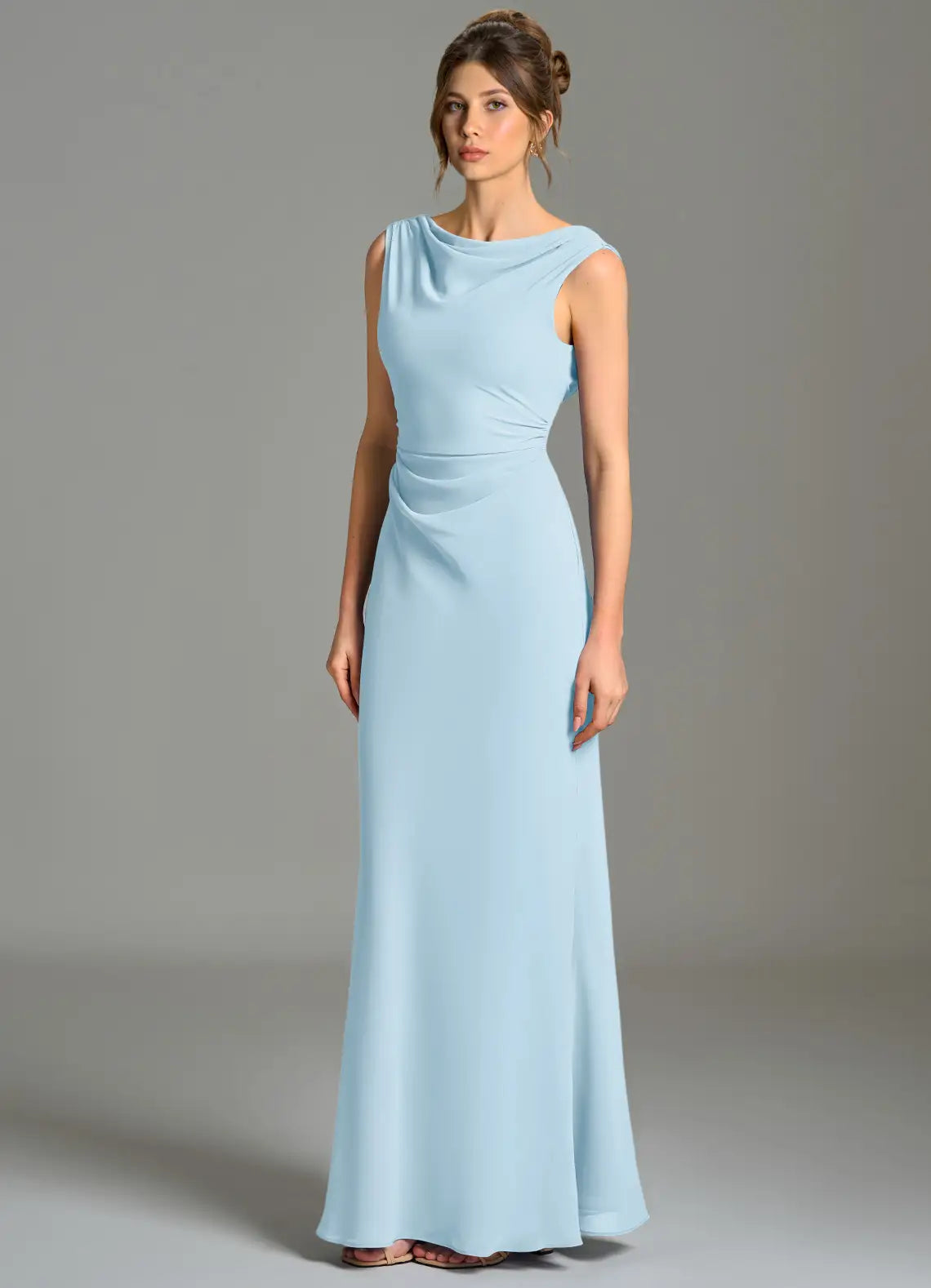 Sky Blue Sleeveless Cowl Ruched Mermaid Chiffon Maxi Bridesmaid Dress