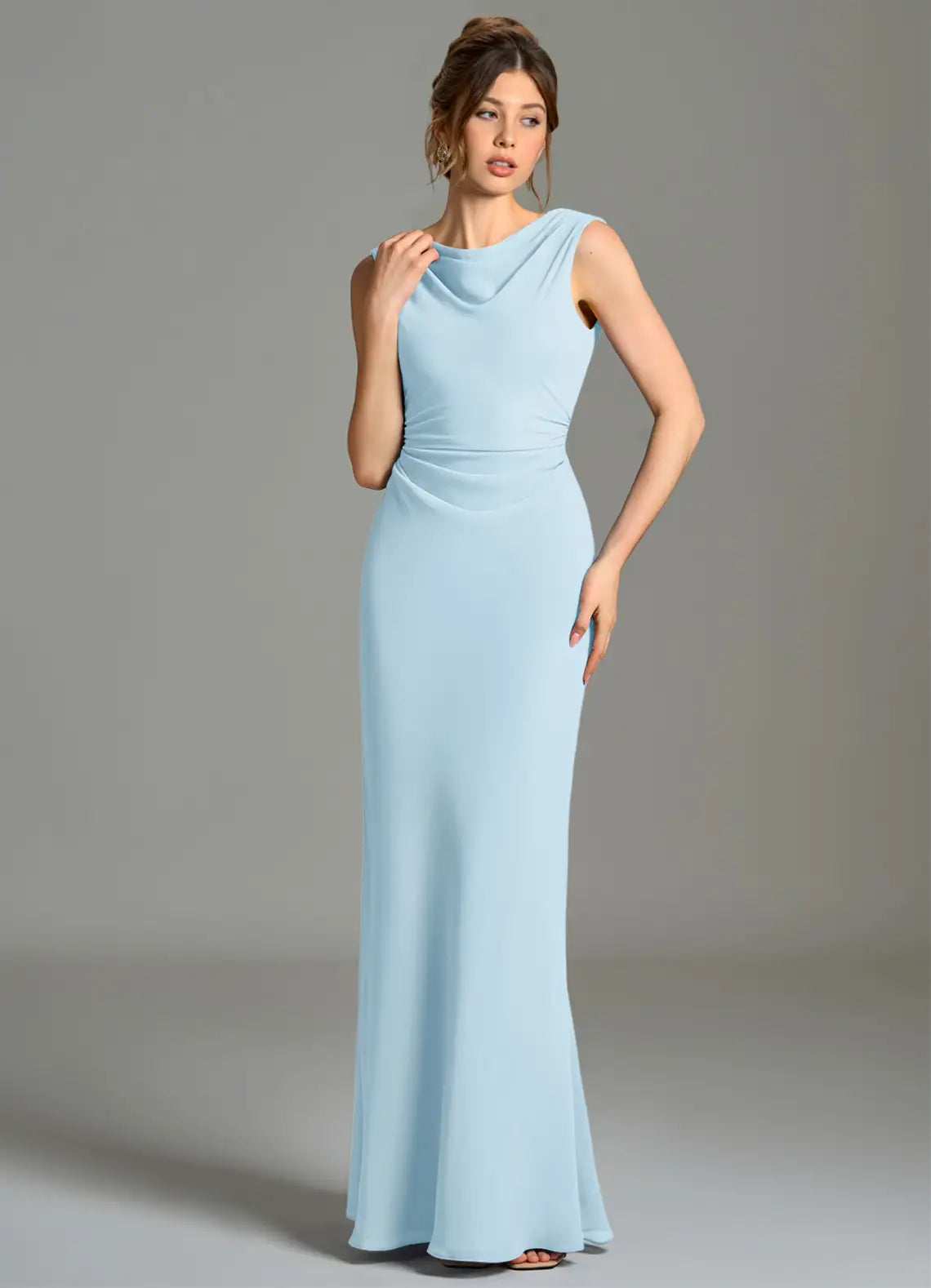 Sky Blue Sleeveless Cowl Ruched Mermaid Chiffon Maxi Bridesmaid Dress