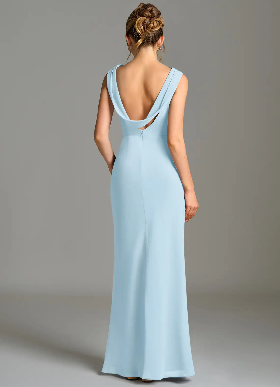 Sky Blue Sleeveless Cowl Ruched Mermaid Chiffon Maxi Bridesmaid Dress