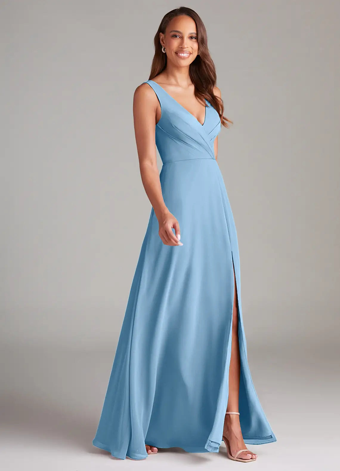 Sky Blue Sleeveless Pleated V Neck High Slit A-Line Maxi Chiffon Bridesmaid Dress