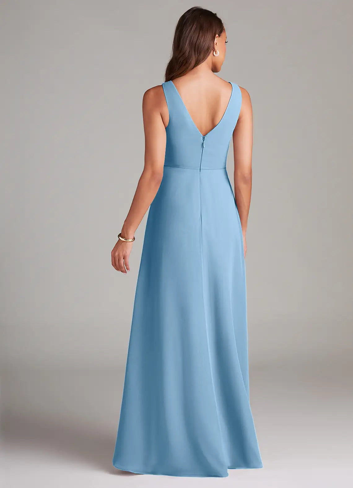 Sky Blue Sleeveless Pleated V Neck High Slit A-Line Maxi Chiffon Bridesmaid Dress