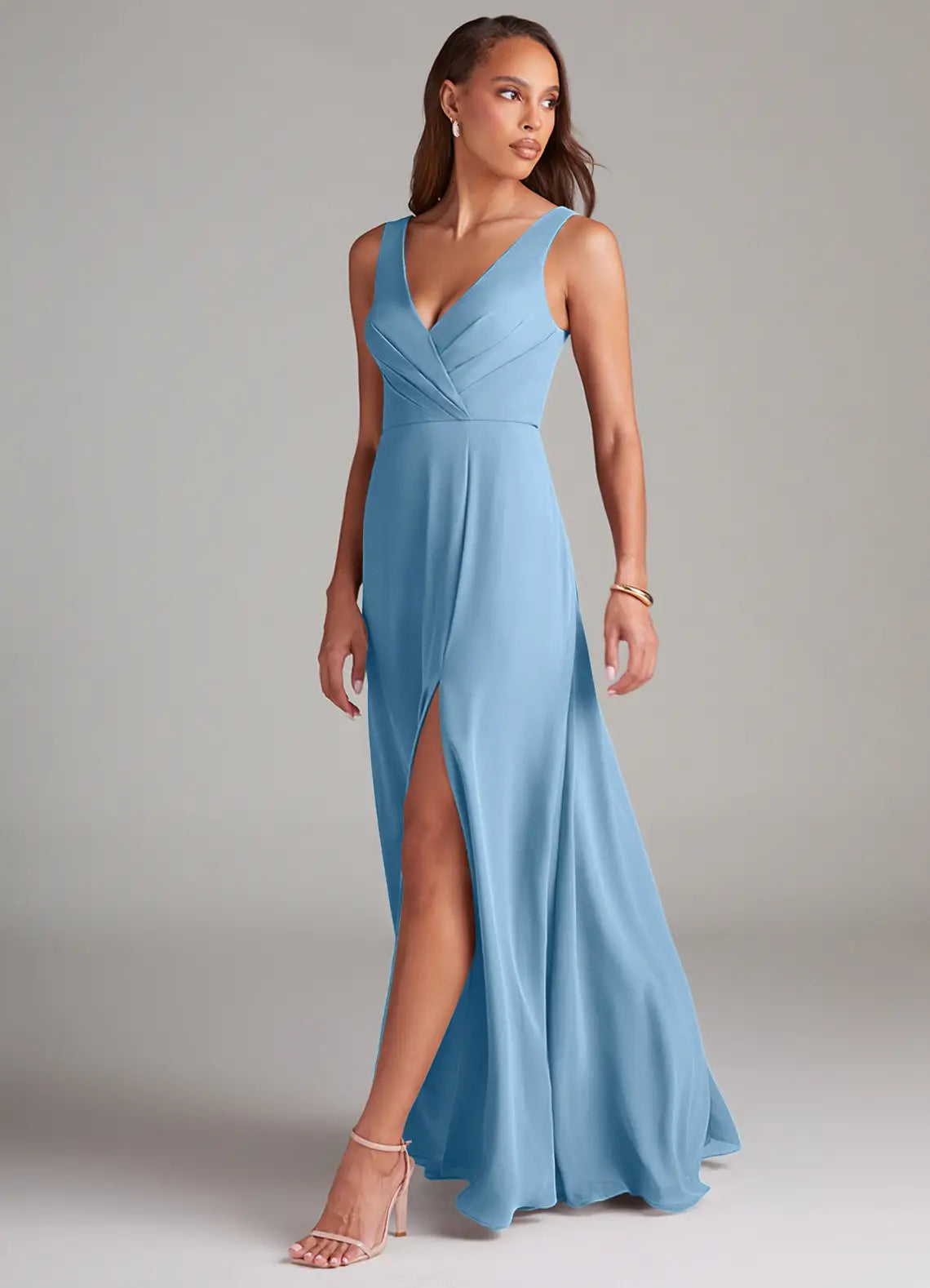 Sky Blue Sleeveless Pleated V Neck High Slit A-Line Maxi Chiffon Bridesmaid Dress
