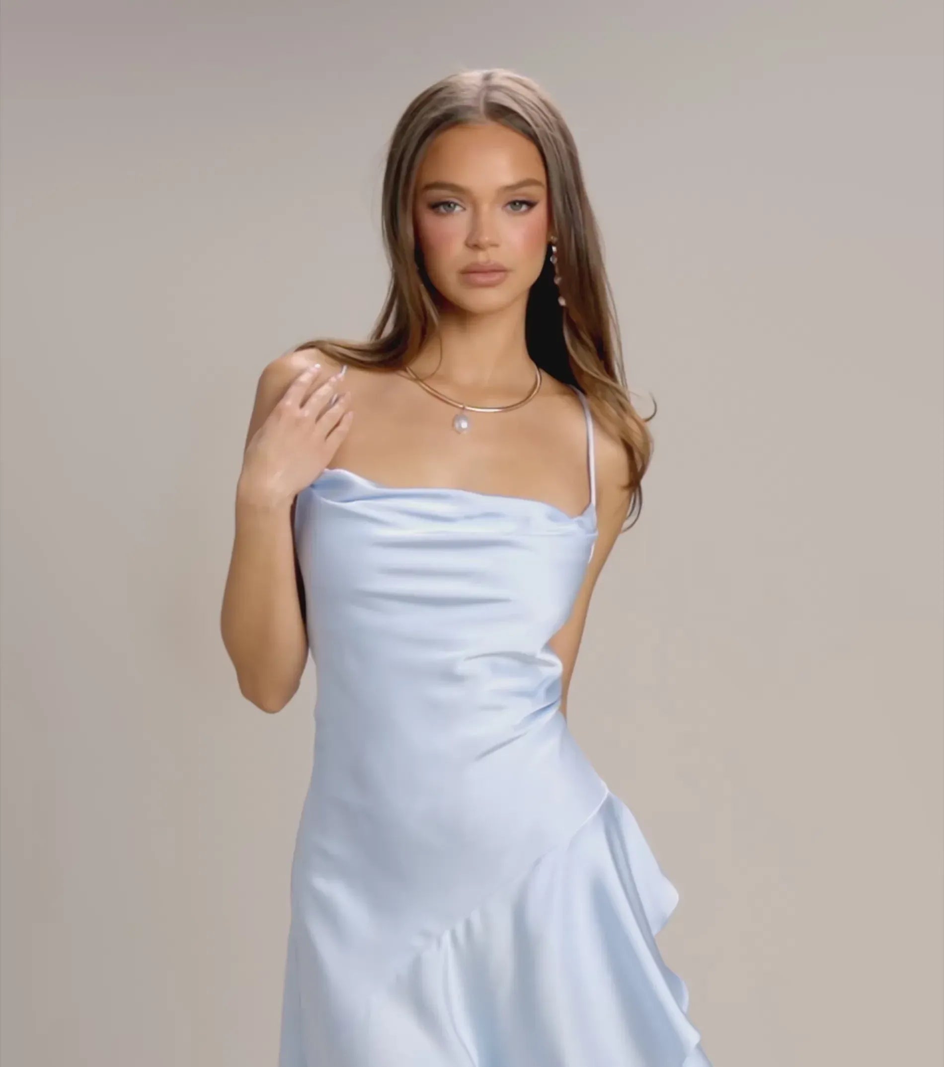 Sky Blue Spaghetti Strap Cowl Lace Up Back Ruffle Slit Maxi Wedding Guest Dress