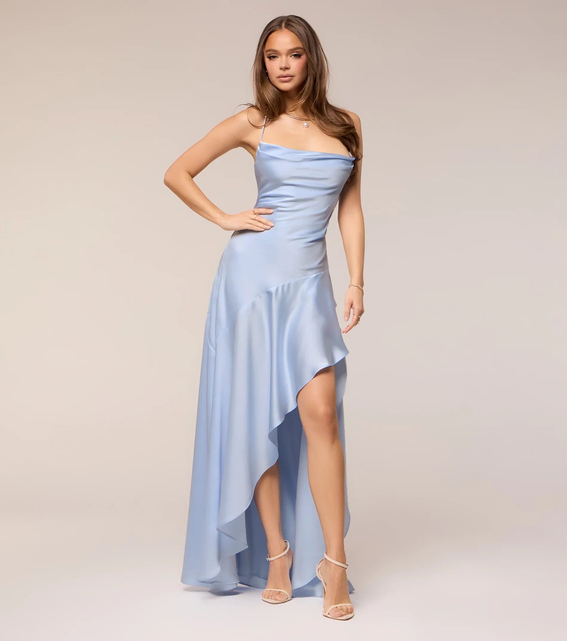 Sky Blue Spaghetti Strap Cowl Lace Up Back Ruffle Slit Maxi Wedding Guest Dress