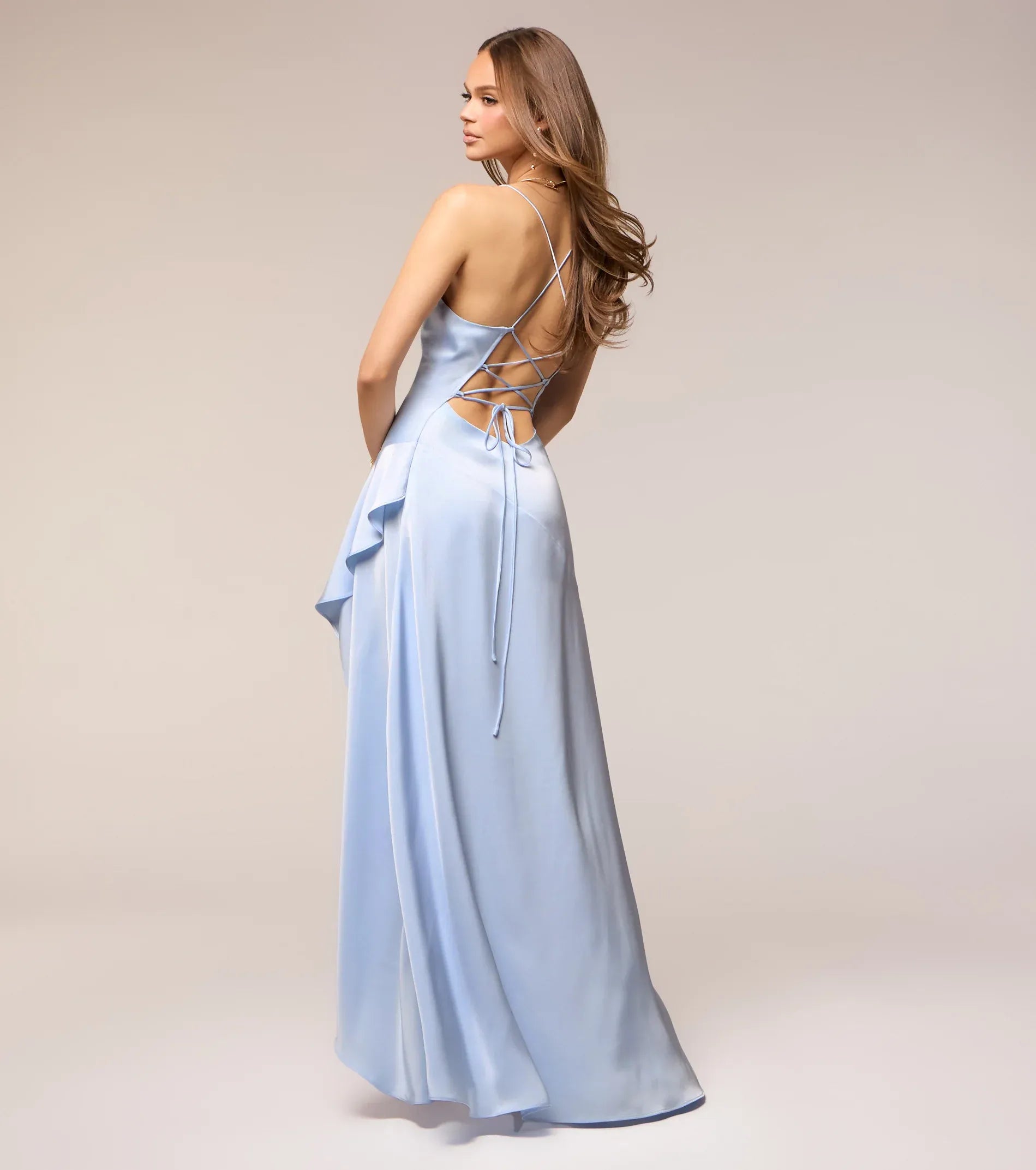 Sky Blue Spaghetti Strap Cowl Lace Up Back Ruffle Slit Maxi Wedding Guest Dress