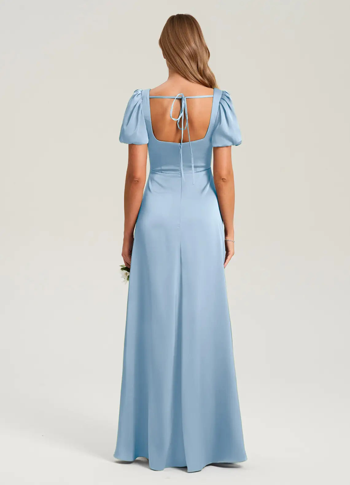 Sky Blue Square Neck Puff Short Sleeve High Slit Mermaid Maxi Satin Bridesmaid Dress