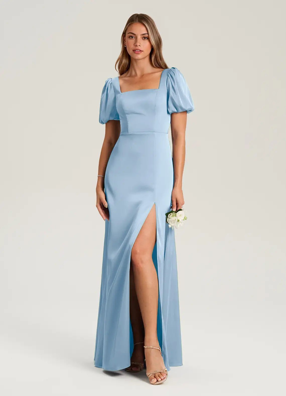 Sky Blue Square Neck Puff Short Sleeve High Slit Mermaid Maxi Satin Bridesmaid Dress