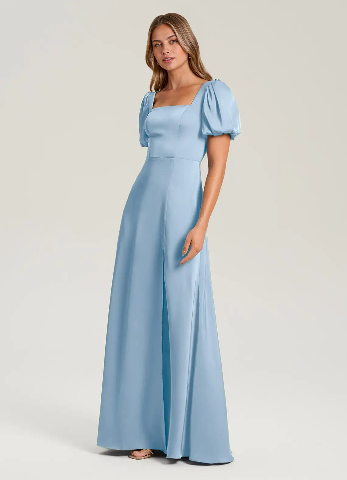 Sky Blue Square Neck Puff Short Sleeve High Slit Mermaid Maxi Satin Bridesmaid Dress