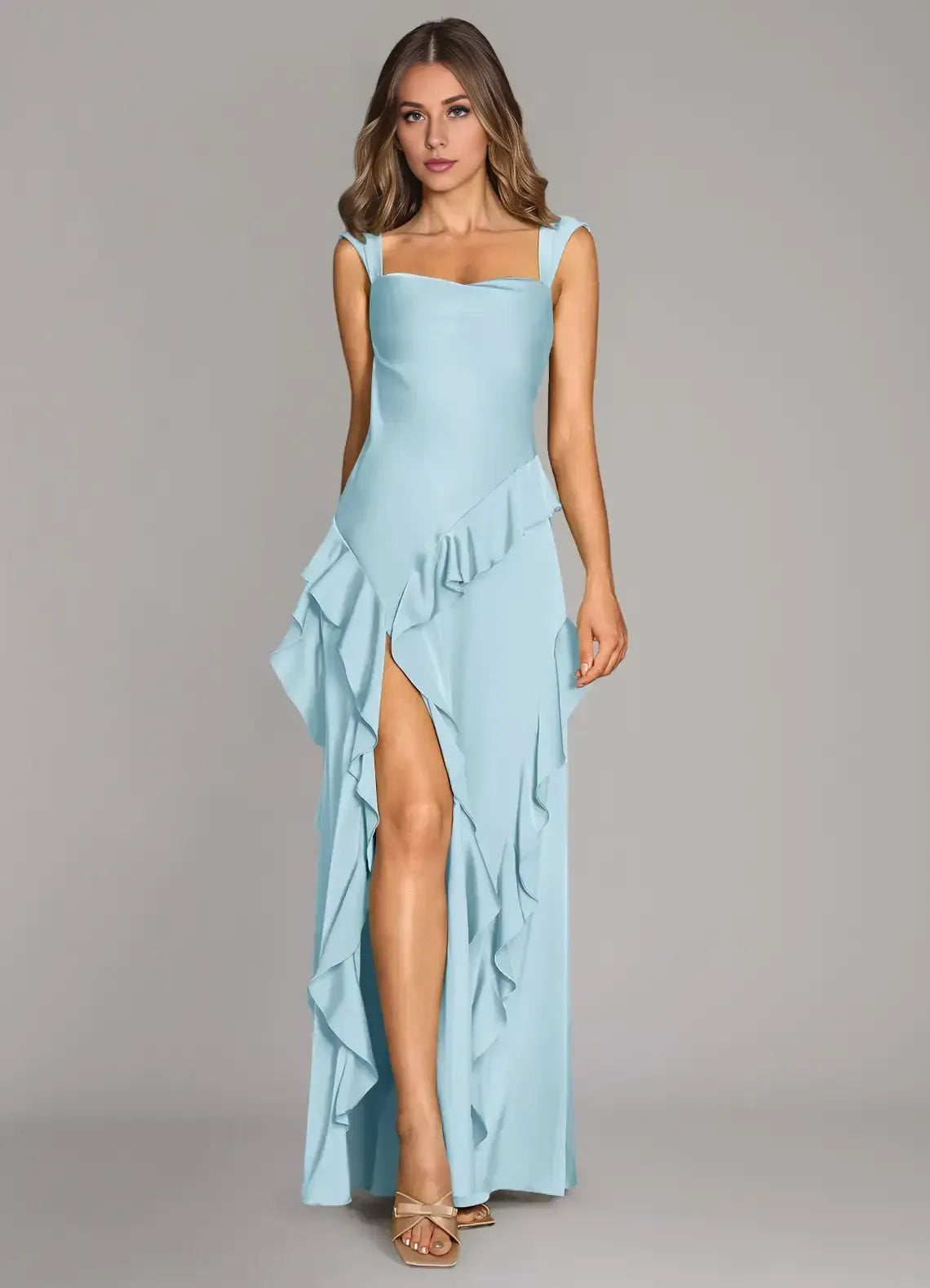 Sky Blue Square Neck Ruffle High Slit Open Back Floor Length Satin Bridesmaid Dress