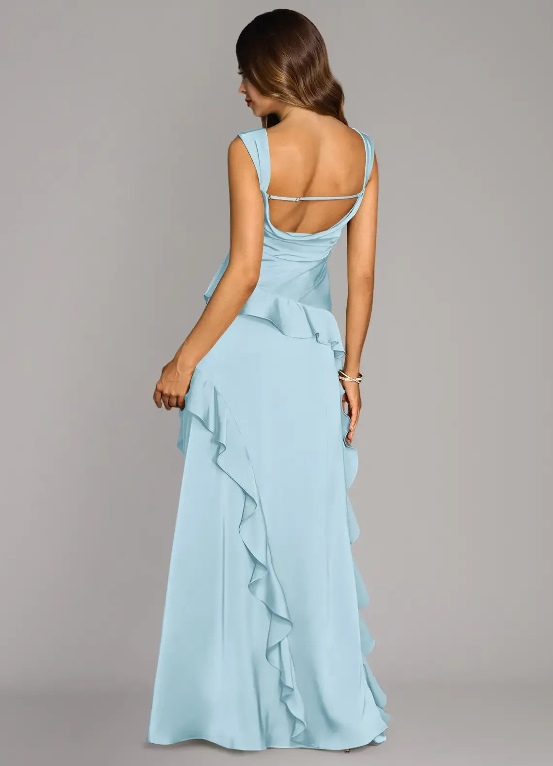 Sky Blue Square Neck Ruffle High Slit Open Back Floor Length Satin Bridesmaid Dress