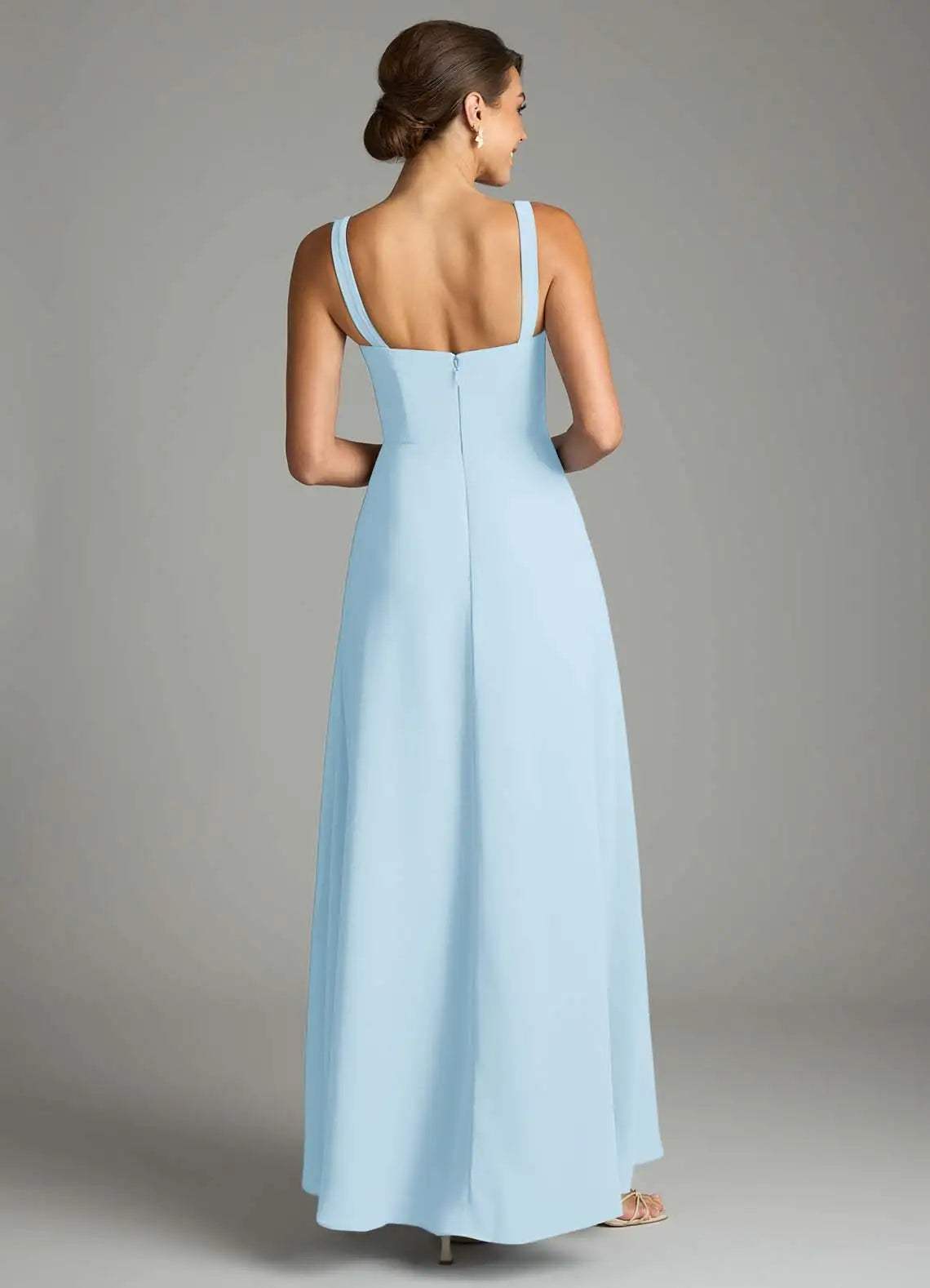Sky Blue Square Tie Strap High Slit A Line Chiffon Maxi Bridesmaid Dress