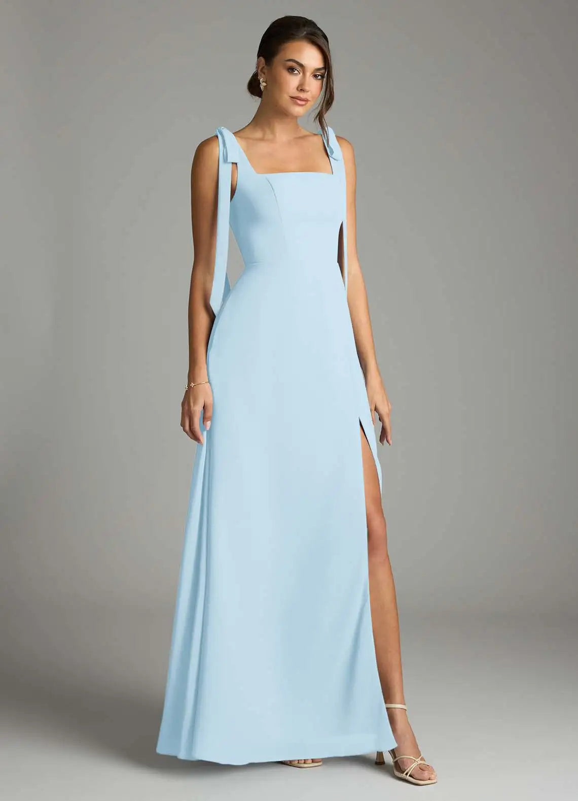 Sky Blue Square Tie Strap High Slit A Line Chiffon Maxi Bridesmaid Dress