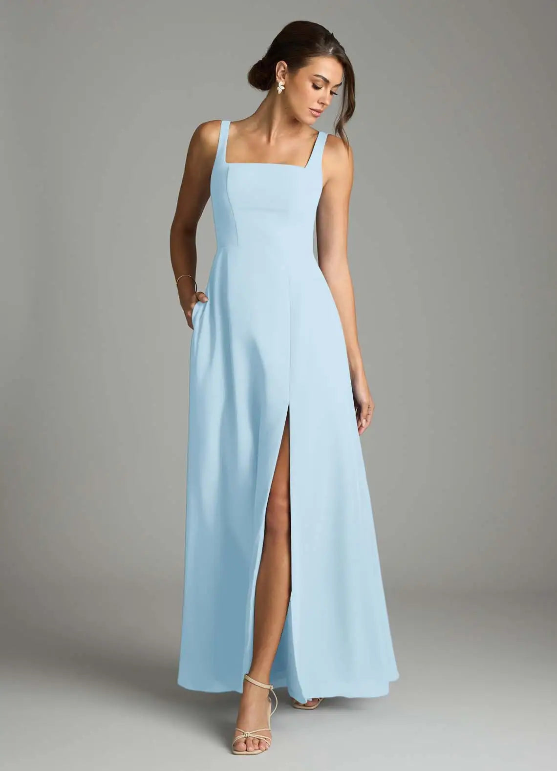 Sky Blue Square Tie Strap High Slit A Line Chiffon Maxi Bridesmaid Dress