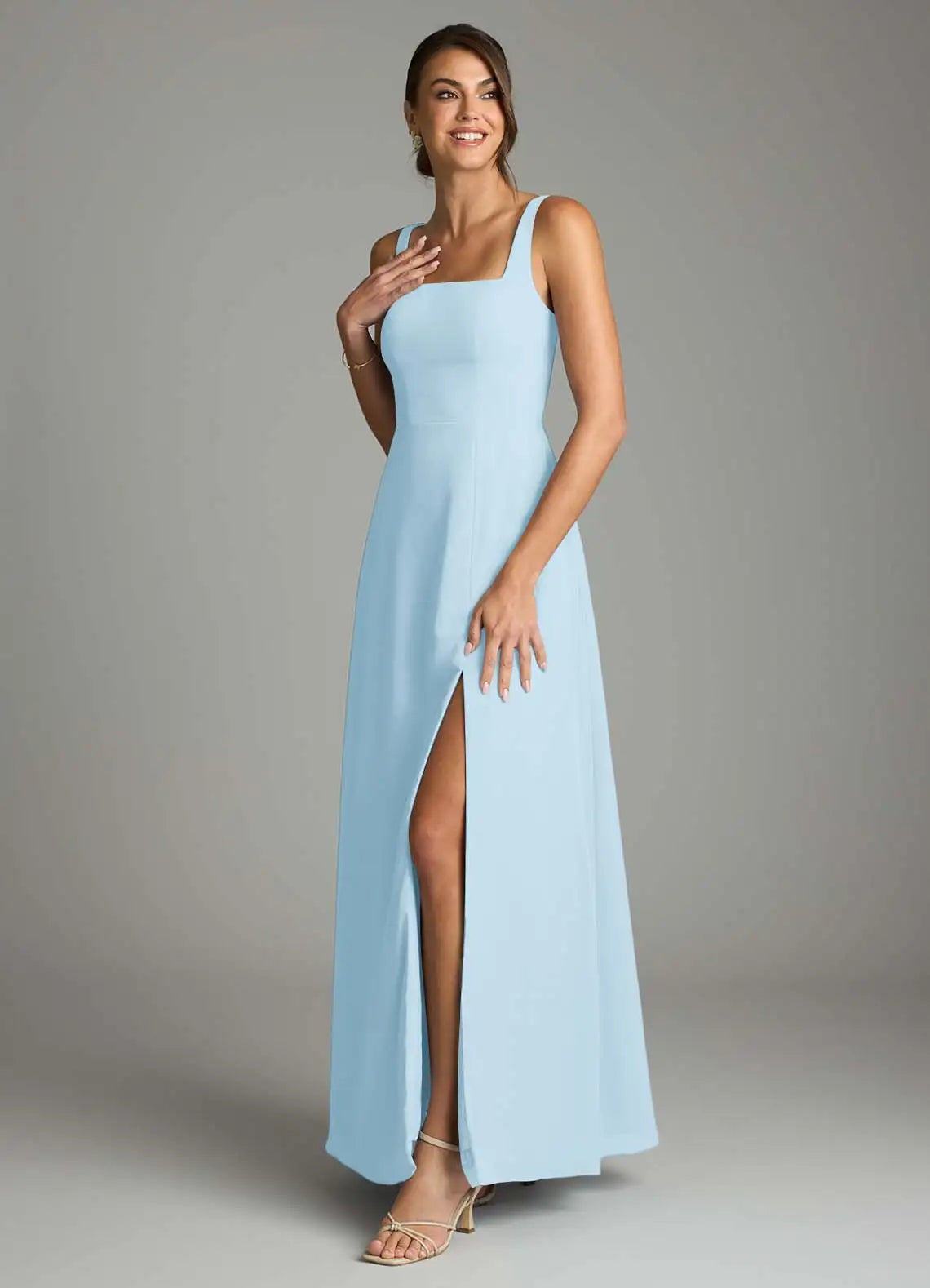 Sky Blue Square Tie Strap High Slit A Line Chiffon Maxi Bridesmaid Dress