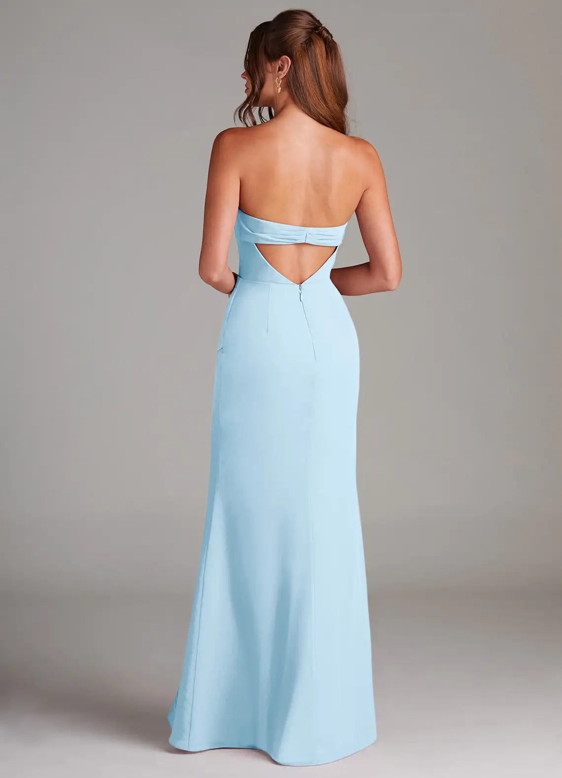 Sky Blue Strapless Cowl Ruched Cutout Back High Slit Mermaid Satin Maxi Bridesmaid Dress