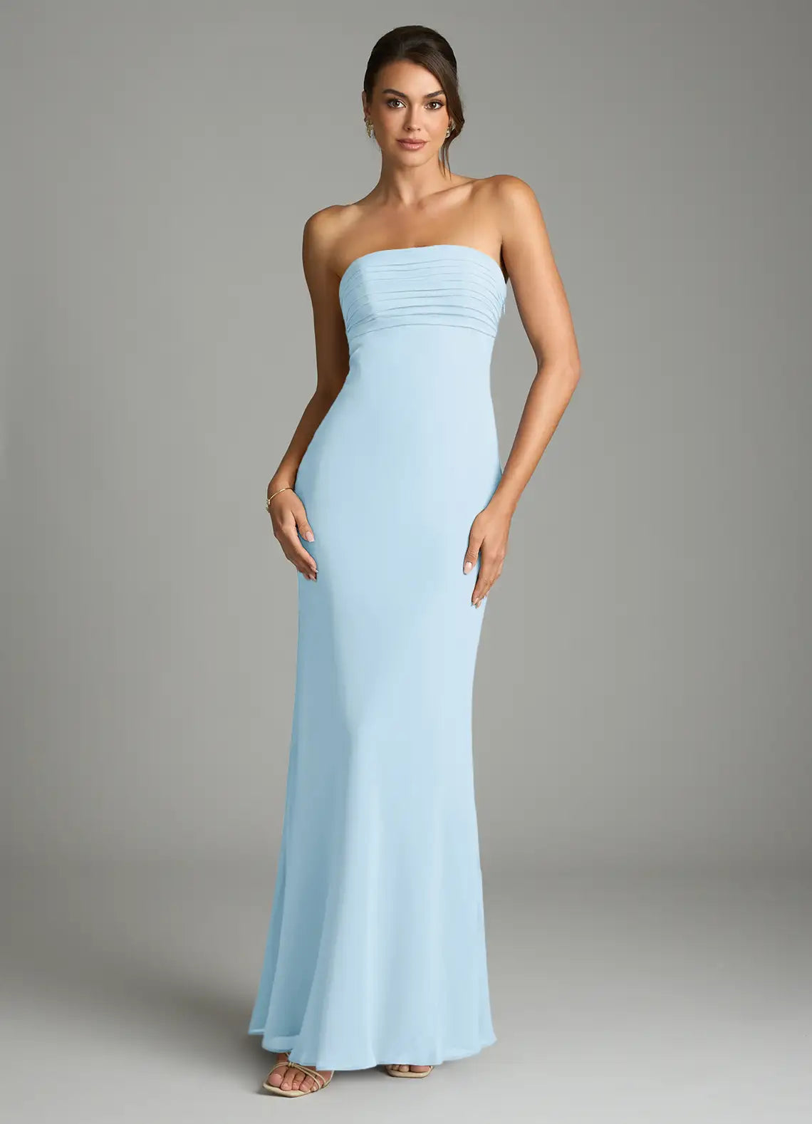 Sky Blue Strapless Pleated Tube Mermaid Maxi Chiffon Bridesmaid Dress