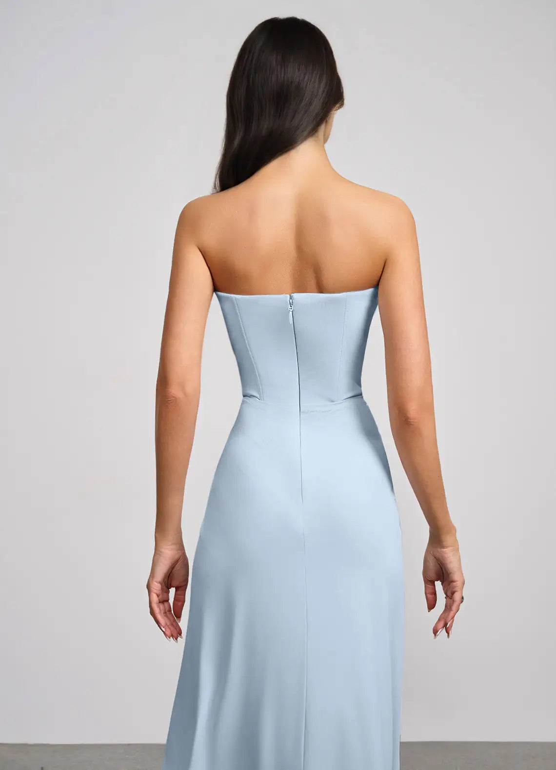 Sky Blue Strapless Scallop Neck Twist Waist Straight Maxi Wedding Guest Dress