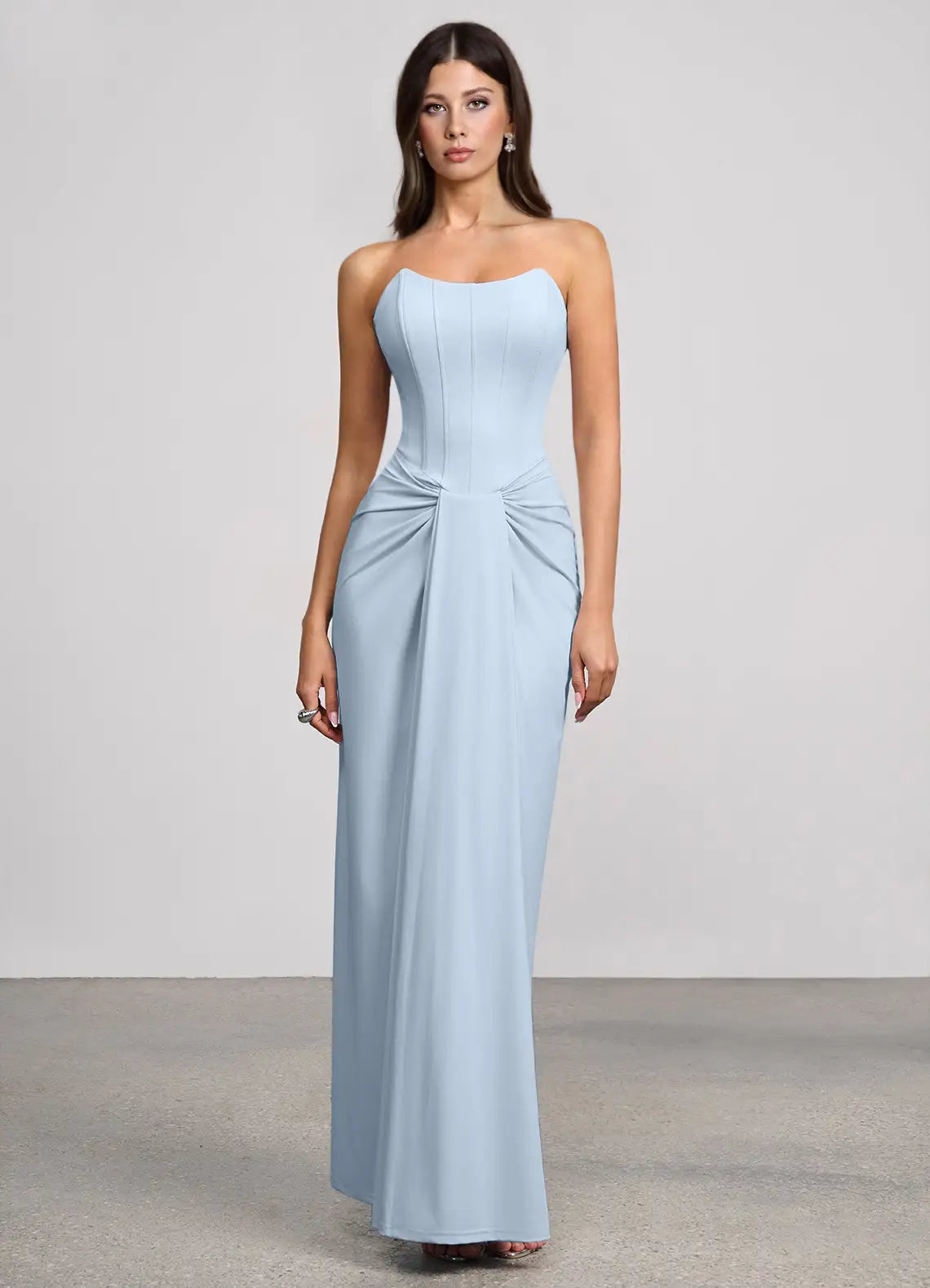 Sky Blue Strapless Scallop Neck Twist Waist Straight Maxi Wedding Guest Dress