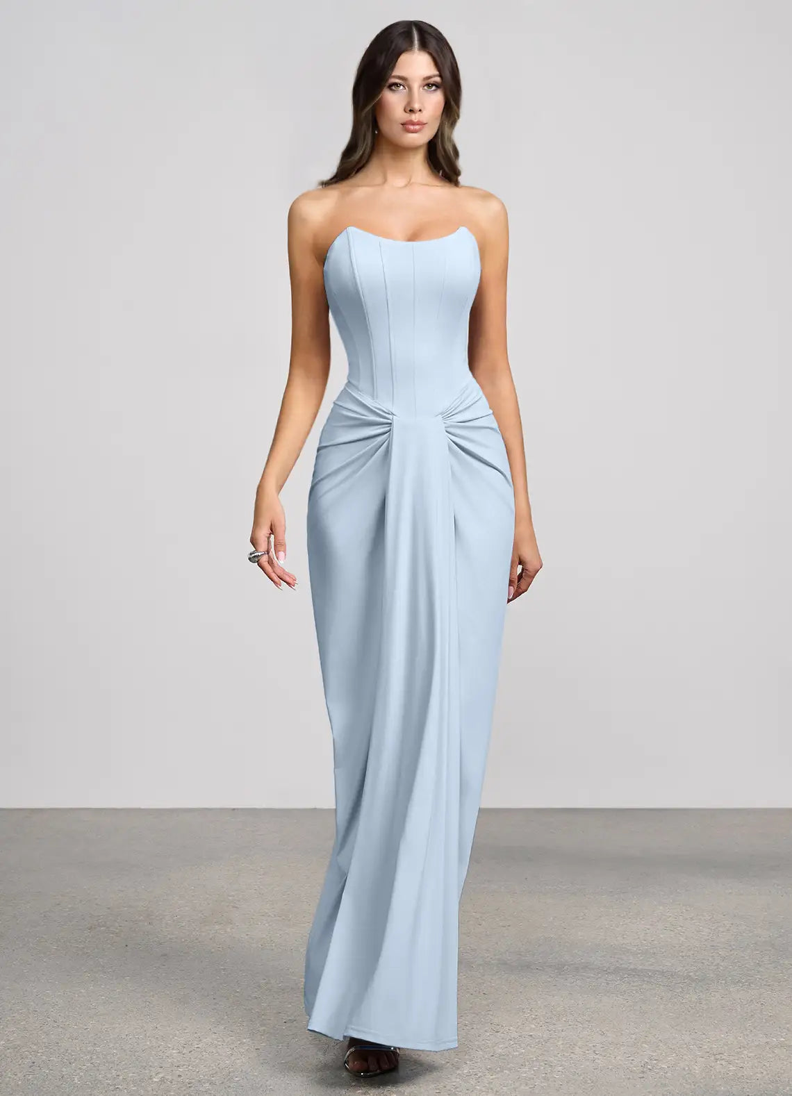 Sky Blue Strapless Scallop Neck Twist Waist Straight Maxi Wedding Guest Dress
