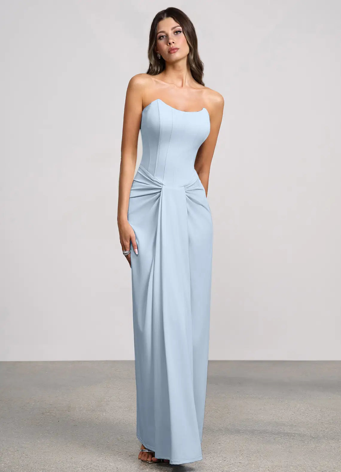 Sky Blue Strapless Scallop Neck Twist Waist Straight Maxi Wedding Guest Dress
