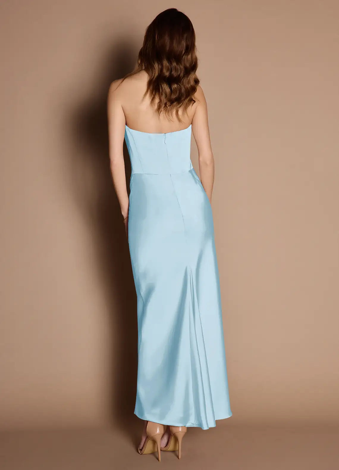 Sky Blue Strapless Wave Neck Side Ruched Mermaid Maxi Satin Wedding Guest Dress