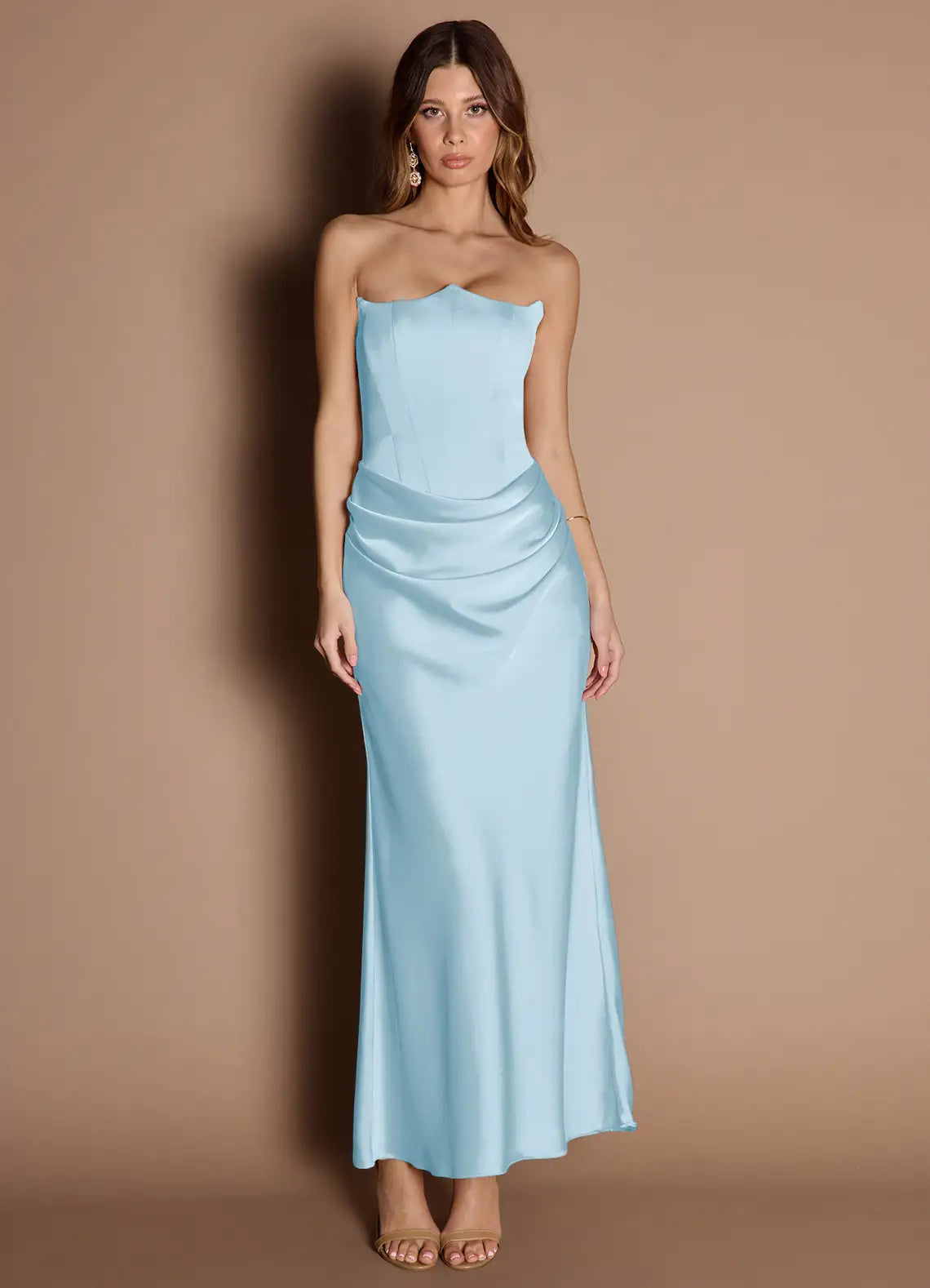 Sky Blue Strapless Wave Neck Side Ruched Mermaid Maxi Satin Wedding Guest Dress