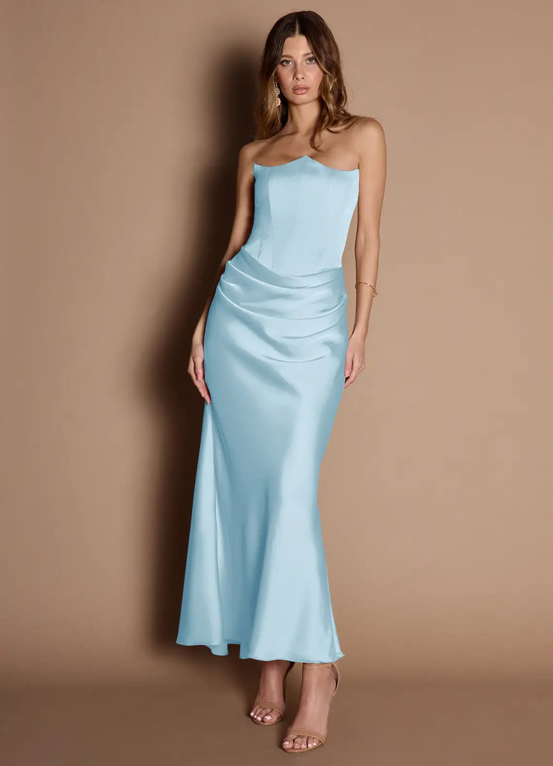 Sky Blue Strapless Wave Neck Side Ruched Mermaid Maxi Satin Wedding Guest Dress