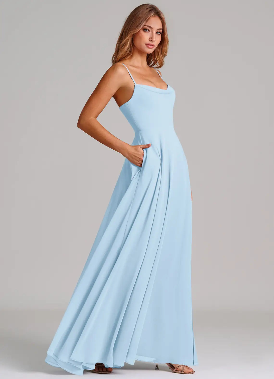 Sky Blue Thin Strap Cowl Neck Side Pocket A Line Chiffon Maxi Bridesmaid Dress
